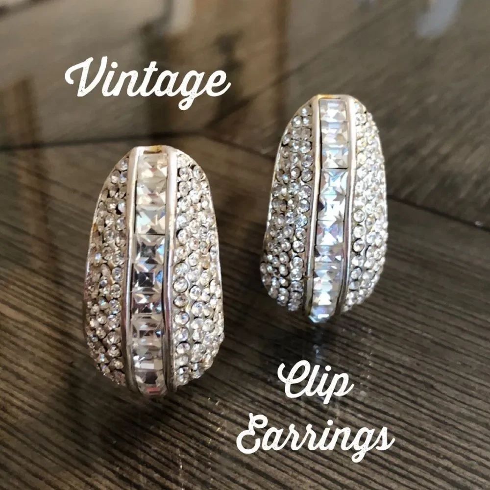 Large Glitzy Clear Rhinestone Clip Earrings